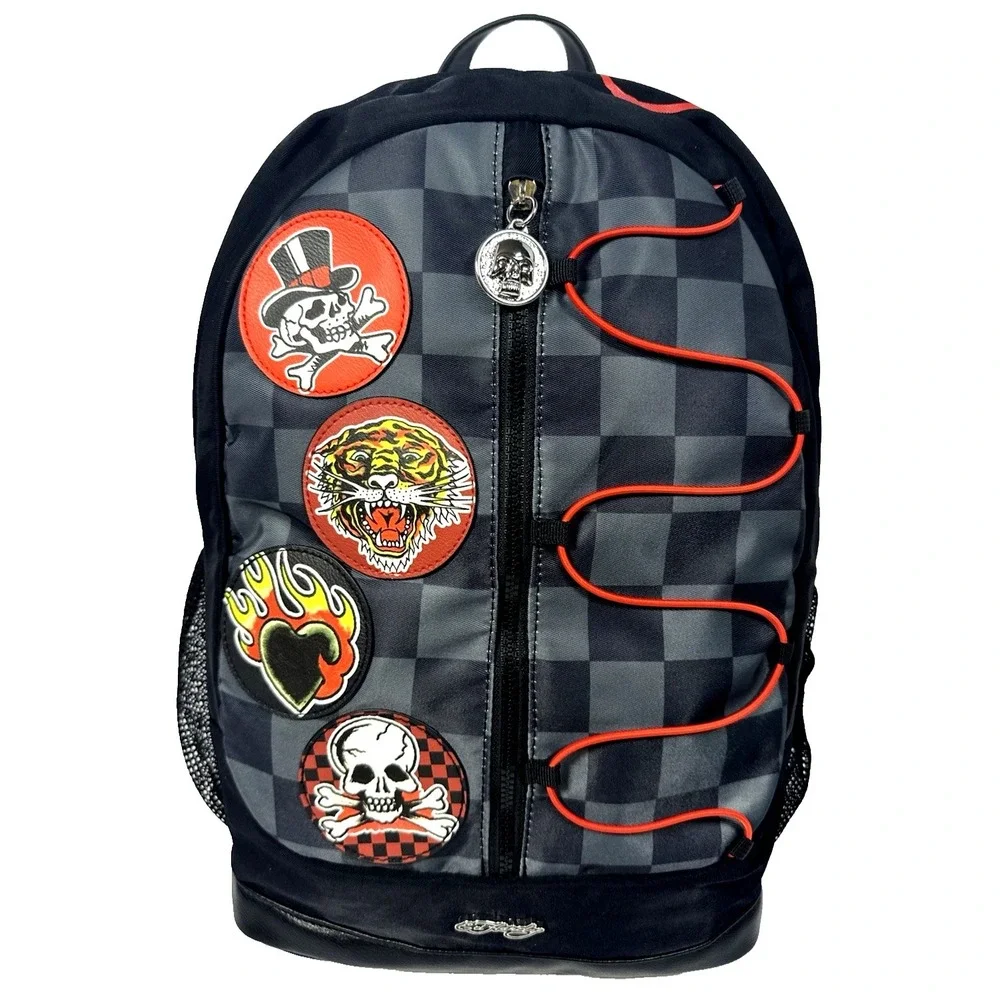 Ed Hardy Backpack Black Check Patches Backpack New